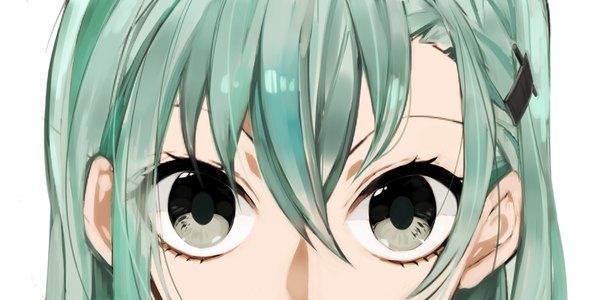 Anime picture 1252x626 with kantai collection suzuya heavy cruiser hita (hitapita) single long hair looking at viewer fringe simple background hair between eyes wide image white background aqua hair grey eyes close-up face girl hair ornament hairclip