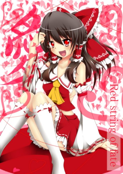 Anime picture 1157x1636 with touhou hakurei reimu yopparai oni single long hair tall image open mouth black hair red eyes bare shoulders miko girl skirt bow hair bow detached sleeves socks white socks skirt set thread