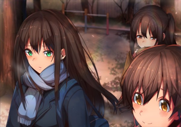 Anime picture 1305x919 with idolmaster idolmaster cinderella girls shibuya rin shimamura uzuki honda mio erere long hair blush black hair smile brown hair multiple girls brown eyes green eyes girl plant (plants) tree (trees) scarf 3 girls school bag