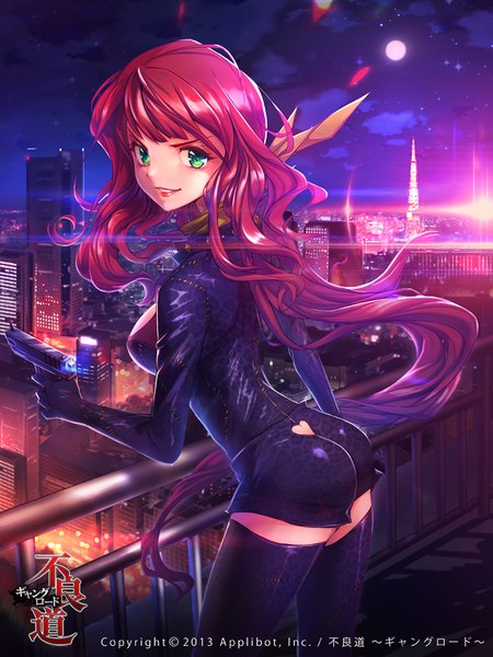 Anime picture 720x960 with original wooju single long hair tall image looking at viewer light erotic green eyes red hair night city lights girl thighhighs gloves weapon black thighhighs black gloves shorts gun short shorts