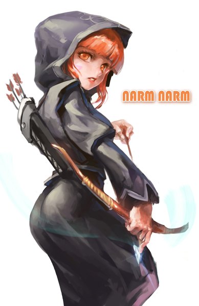 Anime picture 1500x2312 with phantom (ptcrow) single tall image short hair simple background white background orange hair orange eyes girl weapon hood clothes bow (weapon) arrow (arrows)