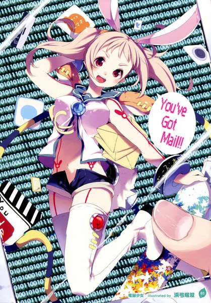Anime picture 2513x3600 with girls, girls, girls! 10 (artbook) hamayumiba sou single long hair tall image looking at viewer blush highres open mouth blonde hair red eyes twintails animal ears scan official art midriff bunny ears girl shorts thigh boots
