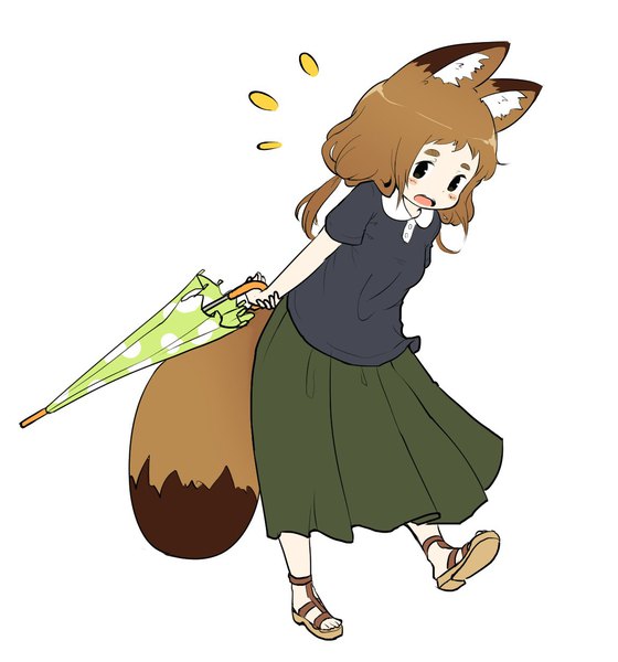 Anime picture 1151x1233 with original poko (yutturi) yutturi single long hair tall image looking at viewer open mouth simple background brown hair white background twintails animal ears tail animal tail black eyes short sleeves low twintails closed umbrella raccoon ears