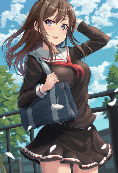 Anime picture 1368x1997 with original monoku single long hair tall image looking at viewer blush fringe breasts open mouth smile hair between eyes brown hair standing purple eyes sky outdoors long sleeves :d pleated skirt