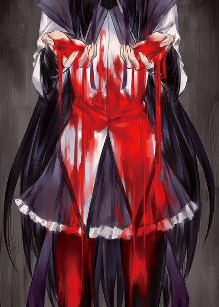 Anime picture 715x1000 with mahou shoujo madoka magica shaft (studio) akemi homura azmodan single tall image black hair very long hair rain head out of frame magical girl girl dress pantyhose water blood