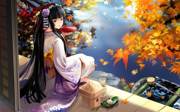 Anime picture 1920x1200 with original alphonse (white datura) long hair highres black hair smile wide image sitting brown eyes traditional clothes japanese clothes hair flower autumn girl hair ornament flower (flowers) bow food sweets kimono