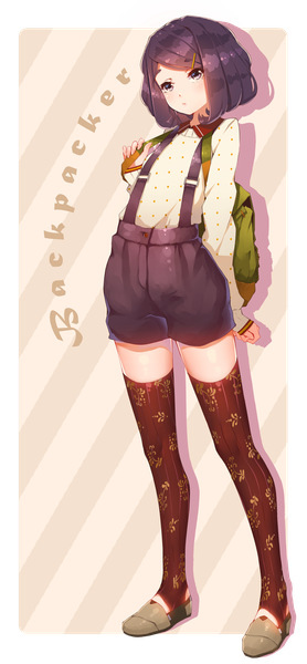 Anime picture 1000x2156 with original fangxiang cuoluan single tall image looking at viewer short hair black hair standing brown eyes floral print girl thighhighs shorts backpack suspenders