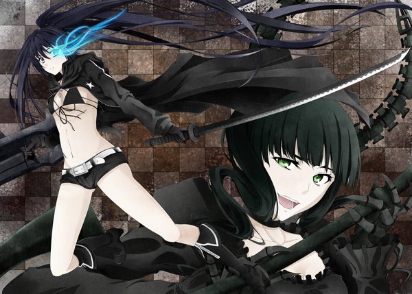 Anime picture 3626x2596 with black rock shooter black rock shooter (character) dead master koshi-kun (artist) long hair highres open mouth blue eyes black hair twintails multiple girls green eyes absurdres horn (horns) glowing scar glowing eye (eyes) girl 2 girls sword