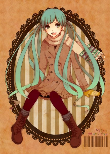 イラスト 2000x2800 と ボーカロイド 初音ミク 紗英 ソロ 長髪 長身像 カメラ目線 highres 開いた口 座る ツインテール 全身 :d aqua eyes aqua hair 女の子 ブーツ 襟巻き mittens barcode