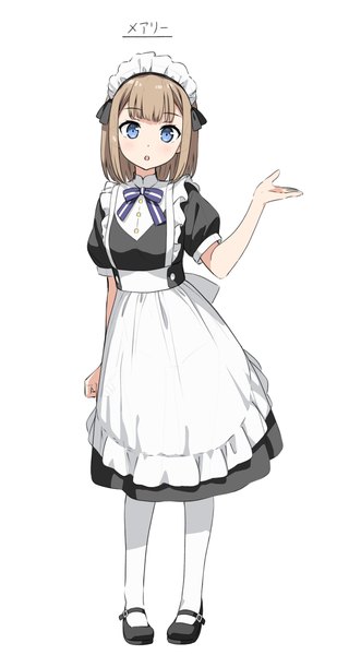 Anime picture 1766x3312 with sasaki to p-chan mary (sasaki to p-chan) kantoku single tall image looking at viewer fringe highres short hair blue eyes simple background brown hair standing white background full body blunt bangs parted lips official art short sleeves maid