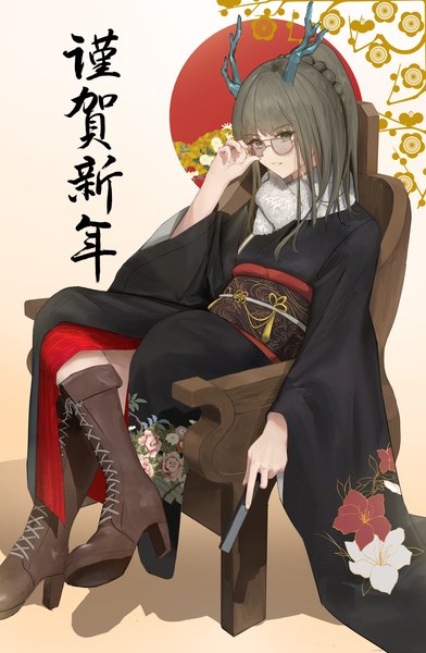 Anime picture 2797x4282 with original uzurako single long hair tall image highres sitting ponytail traditional clothes japanese clothes horn (horns) grey hair high heels floral print lacing new year nengajou adjusting sunglasses girl kimono