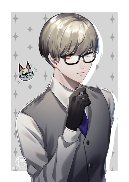 Anime picture 707x1000 with animal crossing raymond (animal crossing) umeno shii single tall image looking at viewer short hair signed upper body arm up grey hair grey background twitter username heterochromia border humanization boy gloves black gloves glasses