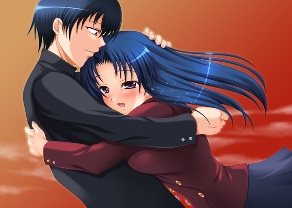 Anime picture 1553x1110 with toradora j.c. staff kawashima ami takasu ryuuji yuunagi kanade long hair short hair black hair purple eyes blue hair couple girl boy serafuku