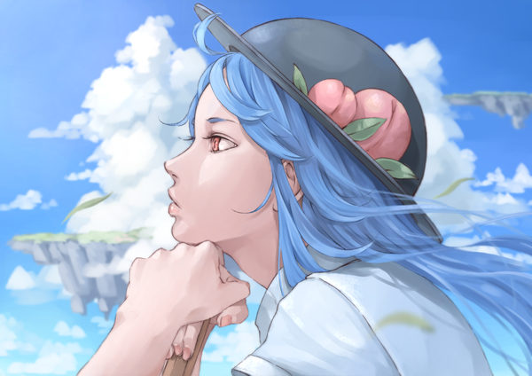 Anime picture 1684x1190 with touhou hinanawi tenshi nagi (xx001122) single long hair red eyes blue hair looking away sky cloud (clouds) profile wind realistic floating island girl animal cat island