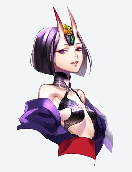 Anime picture 1240x1619 with fate (series) fate/grand order shuten douji (fate) tenobe single tall image looking at viewer short hair light erotic simple background purple eyes purple hair upper body horn (horns) grey background oni horns oni girl youkai