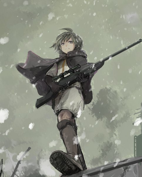 Anime picture 707x877 with world trigger toei animation amatori chika abbie single tall image fringe short hair black hair standing holding looking away full body ahoge wind from below grey eyes snowing soles foreshortening