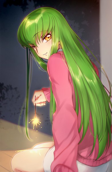 Anime picture 700x1073 with code geass sunrise (studio) c.c. creayus single long hair tall image looking at viewer fringe smile sitting holding yellow eyes long sleeves parted lips head tilt looking back arm up green hair from behind