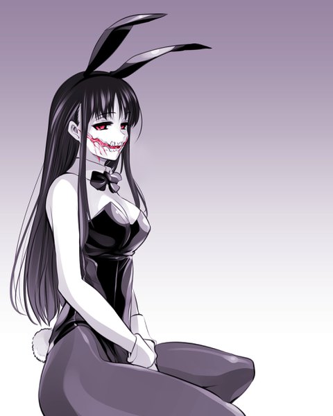 Anime picture 2000x2500 with original kuchisake-onna ishiyumi single long hair tall image looking at viewer fringe highres breasts open mouth light erotic black hair simple background red eyes sitting animal ears payot cleavage tail