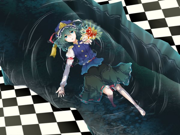 Anime picture 1500x1125 with touhou shikieiki yamaxanadu rikapo single fringe short hair green eyes bent knee (knees) lying parted lips barefoot green hair from above bare legs partially submerged outstretched arm outstretched hand checkered floor ripples girl