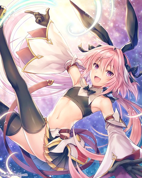 Anime-Bild 1000x1250 mit fate (series) fate/grand order astolfo (fate) astolfo (saber) (fate) hagino kouta single tall image fringe open mouth light erotic hair between eyes purple eyes twintails signed pink hair very long hair :d midriff fang (fangs) twitter username