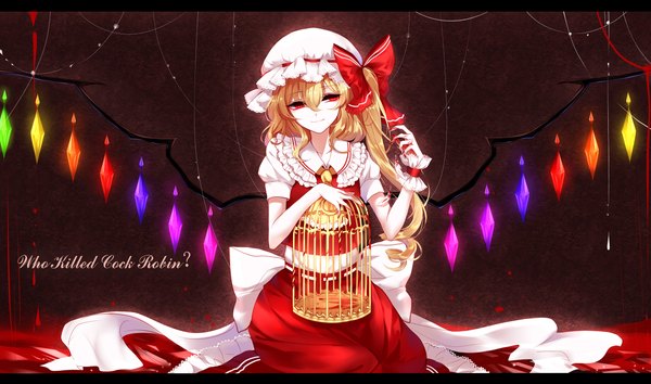 Anime picture 3900x2300 with touhou flandre scarlet sheya single long hair fringe highres blonde hair smile hair between eyes red eyes wide image sitting absurdres short sleeves one side up text letterboxed english girl