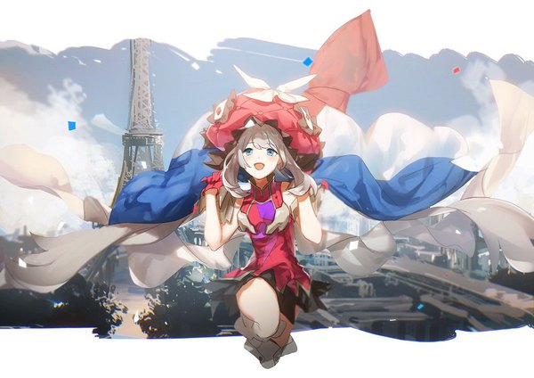 Anime-Bild 1000x708 mit fate (series) fate/grand order marie antoinette (fate/grand order) no-kan single long hair blush open mouth blue eyes sky silver hair cloud (clouds) outdoors looking up jumping girl gloves hat red gloves flag