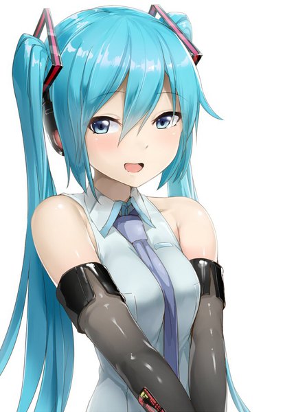 Anime-Bild 700x939 mit vocaloid hatsune miku abmayo single long hair tall image looking at viewer blush fringe open mouth blue eyes simple background hair between eyes white background twintails bare shoulders payot blue hair upper body girl