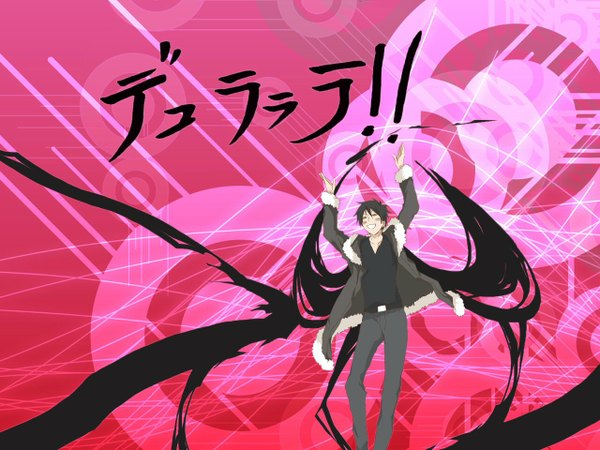 Anime picture 1280x960 with durarara!! brains base (studio) orihara izaya tagme (artist) single blush short hair open mouth black hair smile arms up humor = = boy jacket belt fur pants