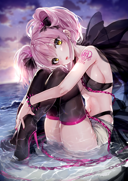 Anime picture 1500x2120 with idolmaster idolmaster cinderella girls jougasaki mika nekometaru single tall image looking at viewer fringe short hair breasts open mouth light erotic hair between eyes twintails bare shoulders yellow eyes payot pink hair cloud (clouds) full body