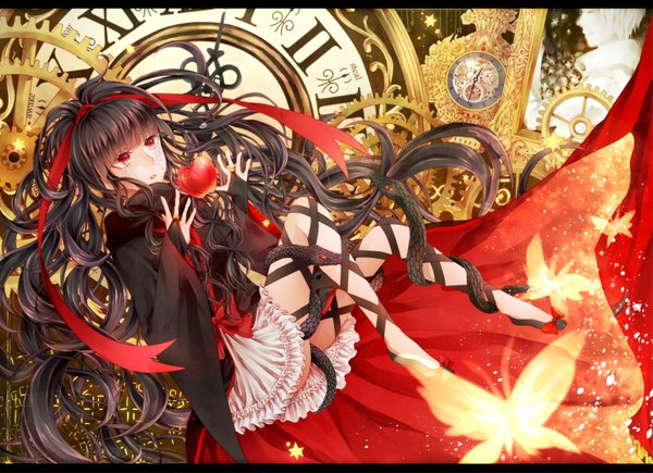 Anime picture 1653x1200 with kagerou project shaft (studio) azami (kagerou project) suxta single long hair black hair red eyes ponytail sparkle flying girl skirt ribbon (ribbons) hair ribbon heart star (symbol) insect butterfly clock