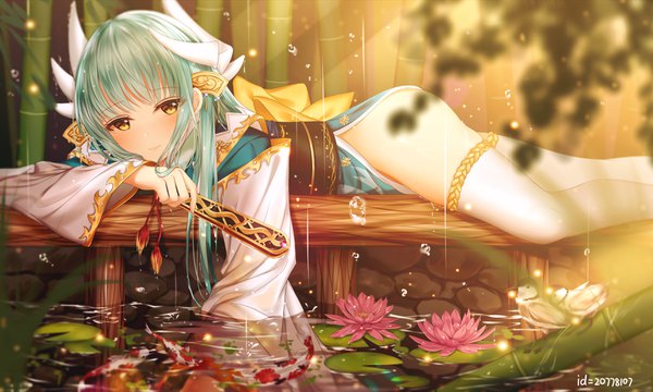Anime picture 3458x2075 with fate (series) fate/grand order kiyohime (fate) junpaku karen single long hair looking at viewer blush fringe highres light erotic smile wide image holding yellow eyes absurdres lying traditional clothes japanese clothes horn (horns)