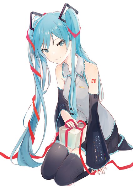 Anime picture 831x1175 with vocaloid hatsune miku lpip single long hair tall image looking at viewer simple background smile white background twintails aqua eyes aqua hair girl thighhighs ribbon (ribbons) black thighhighs detached sleeves necktie gift