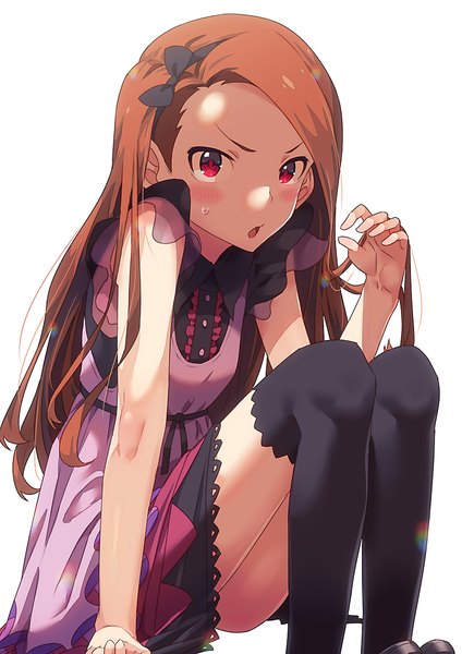 Anime picture 849x1200 with idolmaster idolmaster (classic) minase iori narumi arata single long hair tall image looking at viewer blush open mouth simple background red eyes brown hair white background sitting bent knee (knees) sunlight arm support :o shadow