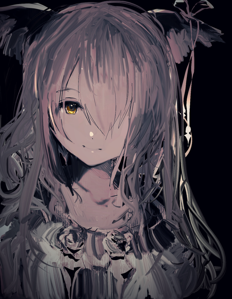 Anime-Bild 1200x1545 mit original tarbo (exxxpiation) single long hair tall image looking at viewer fringe simple background animal ears yellow eyes upper body grey hair hair over one eye black background girl