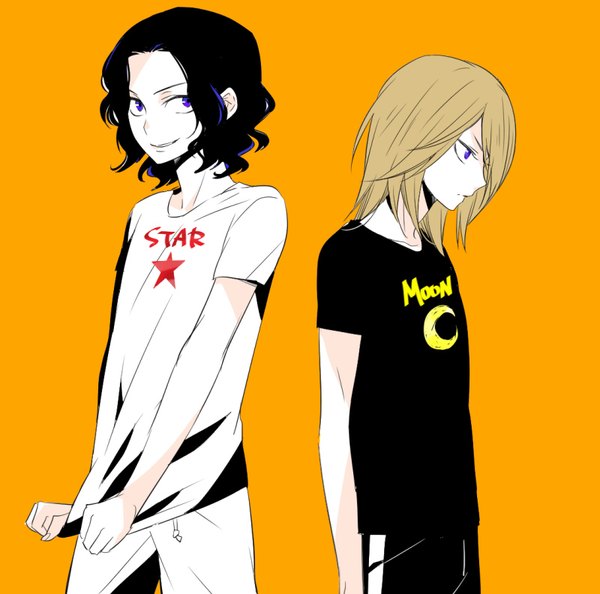 Anime picture 800x792 with yowamushi pedal teshima junta aoyagi hajime kushimori short hair black hair simple background blonde hair smile standing purple eyes profile multiple boys text wavy hair english serious star print orange background boy