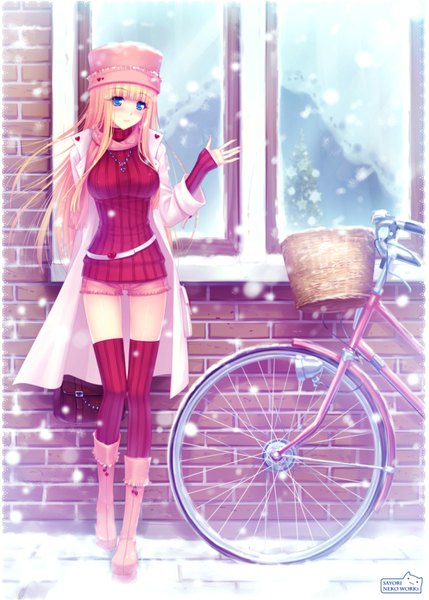 Anime picture 1107x1548 with sayori long hair tall image highres blue eyes blonde hair snowing winter snow girl thighhighs hat window ground vehicle bicycle