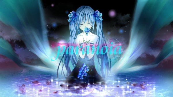 Anime picture 2000x1124 with vocaloid hatsune miku mariwai (marireroy) single long hair highres wide image twintails blue hair eyes closed hair flower girl dress hair ornament flower (flowers) water