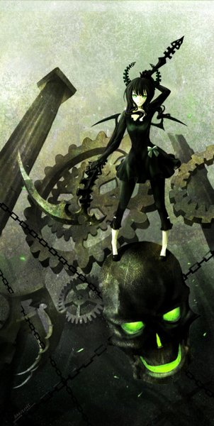 Anime picture 1019x2024 with black rock shooter dead master single long hair tall image looking at viewer black hair smile green eyes horn (horns) black wings girl dress black dress chain skull scythe