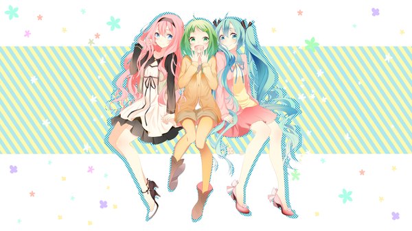 Anime picture 3982x2240 with vocaloid hatsune miku megurine luka gumi temari (deae) long hair highres short hair open mouth blue eyes smile wide image twintails multiple girls blue hair pink hair absurdres green hair adjusting hair knees touching