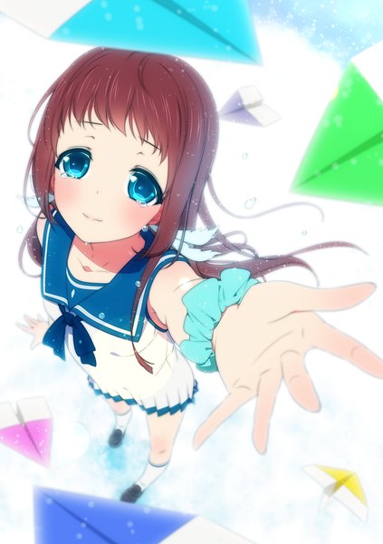 Anime picture 847x1200 with nagi no asukara p.a. works mukaido manaka ama mitsuki single long hair tall image looking at viewer blue eyes brown hair white background light smile tears girl dress socks white socks paper airplane