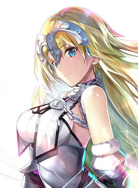 Anime picture 1029x1400 with fate (series) fate/apocrypha jeanne d'arc (fate) (all) jeanne d'arc (fate) sho (runatic moon) single long hair tall image looking at viewer breasts blue eyes blonde hair simple background white background bare shoulders upper body light smile sparkle fur trim girl