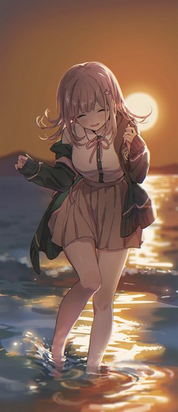 Anime picture 1762x4061 with dangan ronpa super dangan ronpa 2 nanami chiaki io (sinking=carousel) single tall image blush fringe highres short hair open mouth smile brown hair standing sky full body bent knee (knees) outdoors eyes closed pleated skirt