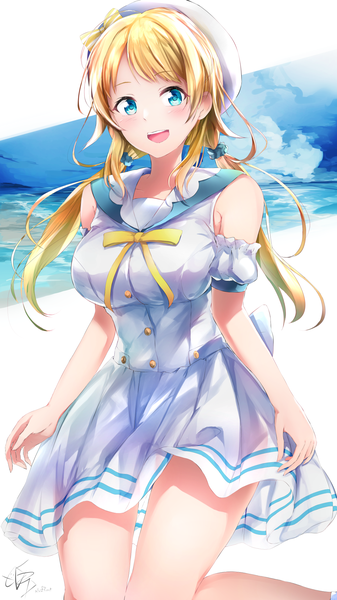 Anime picture 1200x2133 with idolmaster idolmaster shiny colors hachimiya meguru neofreet single long hair tall image looking at viewer blush fringe breasts open mouth blue eyes simple background blonde hair smile hair between eyes white background twintails signed