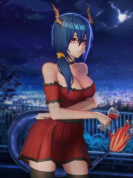 Anime picture 3000x4000 with arknights ch'en (arknights) absurd fox single long hair tall image looking at viewer fringe highres breasts light erotic hair between eyes red eyes large breasts standing bare shoulders holding blue hair cleavage outdoors