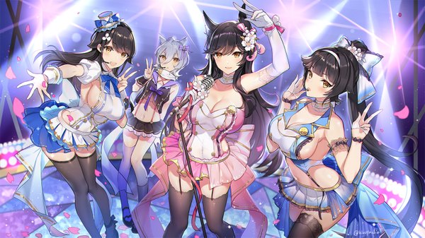 イラスト 1500x843 と アズールレーン 愛宕(アズールレーン) 高雄(アズールレーン) choukai (azur lane) maya (azur lane) 鳩山井鶴 長髪 カメラ目線 赤面 前髪 短い髪 おっぱい 開いた口 light erotic 黒髪 hair between eyes wide image 大きな乳房 立つ multiple girls