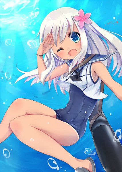 Anime picture 859x1214 with kantai collection ro-500 submarine asanagi kurumi (panda-doufu) single long hair tall image blush fringe open mouth blue eyes bent knee (knees) white hair one eye closed hair flower wink covered navel underwater ;d salute girl