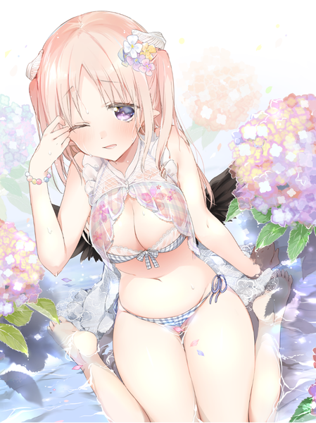 Anime picture 1029x1374 with succubus-san no hatsu shigoto ritta (succubus-san) sino (sionori) single long hair tall image looking at viewer blush fringe breasts open mouth light erotic large breasts purple eyes pink hair cleavage outdoors one eye closed barefoot hair flower