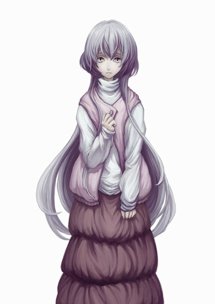 Anime picture 800x1131 with yinanhuanle single long hair tall image looking at viewer fringe simple background white background grey hair grey eyes hand on chest girl skirt