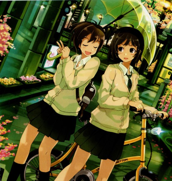 Anime picture 2465x2586 with pixiv girls collection 2010 armcho (pixiv) tall image blush highres short hair open mouth brown hair multiple girls eyes closed black eyes shadow evening transparent umbrella shared umbrella girl skirt uniform flower (flowers) 2 girls