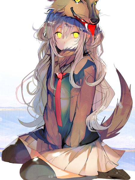 Anime picture 800x1067 with original poni (rito) single long hair tall image looking at viewer fringe brown hair white background sitting yellow eyes tail animal tail pleated skirt zettai ryouiki wavy hair between legs wolf tail girl skirt